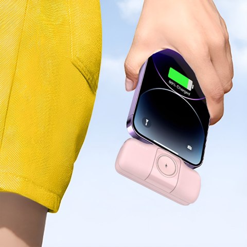 Mini powerbank 5000mAh 15W iPhone Lightning i ładowarką do Apple Watch - różowy Mini powerbank 5000mAh 15W iPhone Lightning i ładowarką do Apple Watch - różowy