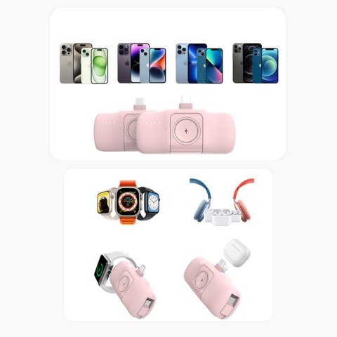 Mini powerbank 5000mAh 15W iPhone Lightning i ładowarką do Apple Watch - różowy Mini powerbank 5000mAh 15W iPhone Lightning i ładowarką do Apple Watch - różowy