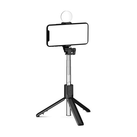 Selfie stick teleskopowy z pilotem + lamkpa LED stojak tripod na telefon 1m - czarny Selfie stick teleskopowy z pilotem + lamkpa LED stojak tripod na telefon 1m - czarny
