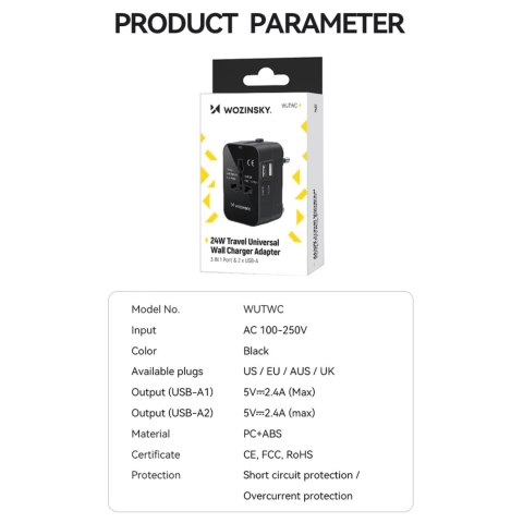 Adapter podróżny ładowarka uniwersalna 24W UE / US / AUS / UK / 2x USB-A - czarny Adapter podróżny ładowarka uniwersalna 24W UE / US / AUS / UK / 2x USB-A - czarny