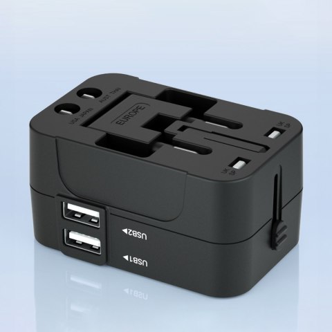 Adapter podróżny ładowarka uniwersalna 24W UE / US / AUS / UK / 2x USB-A - czarny Adapter podróżny ładowarka uniwersalna 24W UE / US / AUS / UK / 2x USB-A - czarny