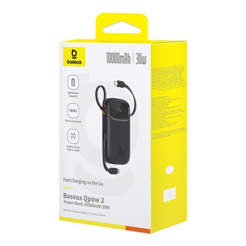 Power bank 10000mAh QPow 2 30W z wbudowanymi kablami USB-C - czarny Power bank 10000mAh QPow 2 30W z wbudowanymi kablami USB-C - czarny
