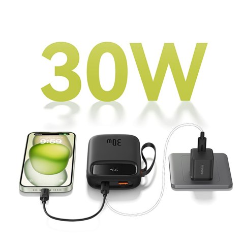 Power bank 10000mAh QPow 2 30W z wbudowanymi kablami USB-C - czarny Power bank 10000mAh QPow 2 30W z wbudowanymi kablami USB-C - czarny