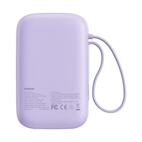 Power bank 10000mAh QPow 2 30W z wbudowanymi kablami USB-C - fioletowy Power bank 10000mAh QPow 2 30W z wbudowanymi kablami USB-C - fioletowy