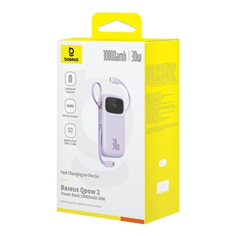 Power bank 10000mAh QPow 2 30W z wbudowanymi kablami USB-C - fioletowy Power bank 10000mAh QPow 2 30W z wbudowanymi kablami USB-C - fioletowy