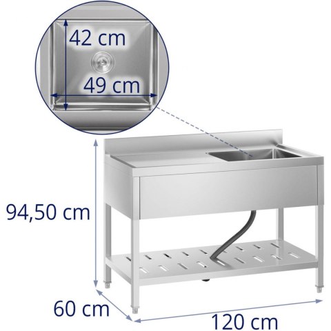 Zlew basen gastronomiczny jednokomorowy z półką i rantem prawy 120 x 60 x 94,5 cm Zlew basen gastronomiczny jednokomorowy z półką i rantem prawy 120 x 60 x 94,5 cm