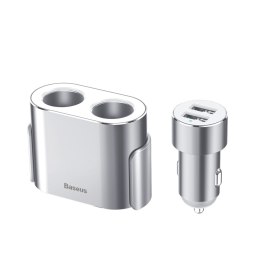 Rozdzielacz samochodowy 2x gniazdo zapalniczki 80W 2x USB-A 3.1A - srebrny