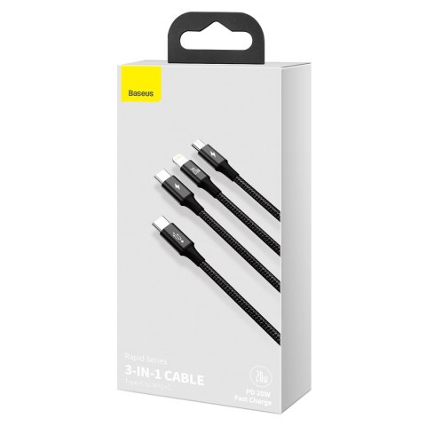 3w1 Kabel przewód USB-C - USB-C / iPhone Lightning / microUSB 20W PD 1.5m - czarny 3w1 Kabel przewód USB-C - USB-C / iPhone Lightning / microUSB 20W PD 1.5m - czarny