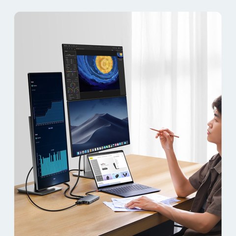 13w1 HUB adapter PortalJoy Series USB-C HDMI DP VGA USB-A PD RJ45 SD TF AUX - szary 13w1 HUB adapter PortalJoy Series USB-C HDMI DP VGA USB-A PD RJ45 SD TF AUX - szary