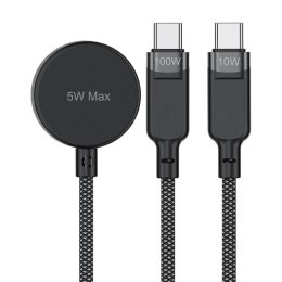 3w1 Kabel przewód USB-C - 2x USB-C / ładowarka Apple Watch Qi 480Mb/s 100W 1.2m - czarny