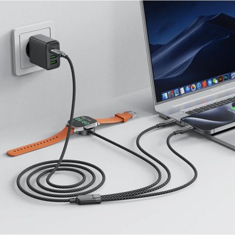 3w1 Kabel przewód USB-C - 2x USB-C / ładowarka Apple Watch Qi 480Mb/s 100W 1.2m - czarny 3w1 Kabel przewód USB-C - 2x USB-C / ładowarka Apple Watch Qi 480Mb/s 100W 1.2m - czarny