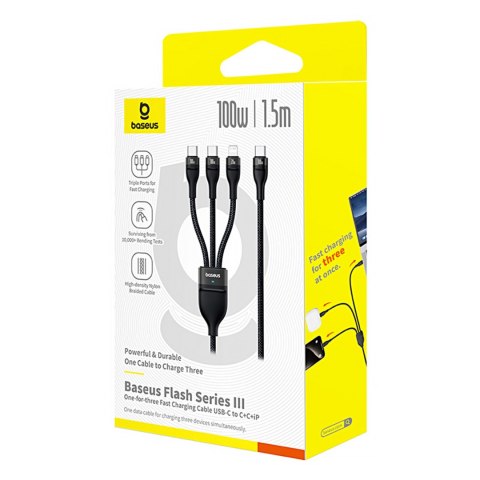 3w1 Kabel przewód Flash Series 3 100W USB-C - 2x USB-C iPhone Lightning 1.5m - czarny 3w1 Kabel przewód Flash Series 3 100W USB-C - 2x USB-C iPhone Lightning 1.5m - czarny