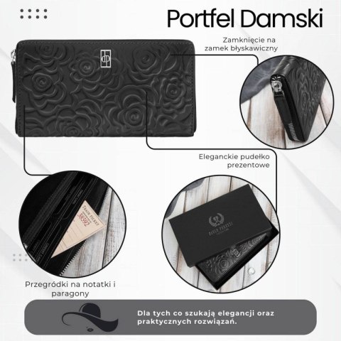 Czarny portfel damski ze skóry naturalnej w kwiaty Paolo Peruzzi AL-13-BL Czarny portfel damski ze skóry naturalnej w kwiaty Paolo Peruzzi AL-13-BL