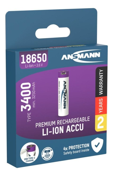 Akumulator Ansmann LiIon 18650 typ 3400 z USBC Akumulator Ansmann LiIon 18650 typ 3400 z USBC