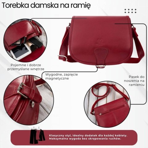 Torebka damska skórzana listonoszka ze skóry licowej czerwona Paolo Peruzzi T-39-KRD Torebka damska skórzana listonoszka ze skóry licowej czerwona Paolo Peruzzi T-39-KRD