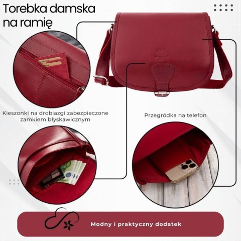Torebka damska skórzana listonoszka ze skóry licowej czerwona Paolo Peruzzi T-39-KRD Torebka damska skórzana listonoszka ze skóry licowej czerwona Paolo Peruzzi T-39-KRD