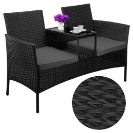 Ławka ogrodowa z technorattanu sofa CORDOBA czarna z szarymi poduszkami