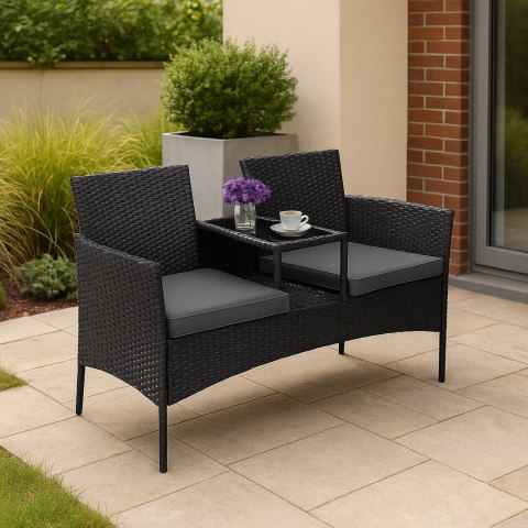 Ławka ogrodowa z technorattanu sofa CORDOBA czarna z szarymi poduszkami Ławka ogrodowa z technorattanu sofa CORDOBA czarna z szarymi poduszkami