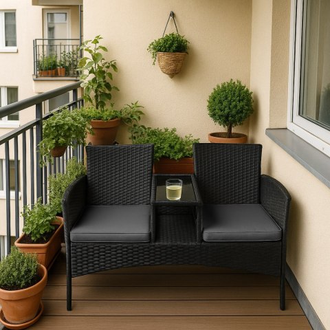 Ławka ogrodowa z technorattanu sofa CORDOBA czarna z szarymi poduszkami Ławka ogrodowa z technorattanu sofa CORDOBA czarna z szarymi poduszkami