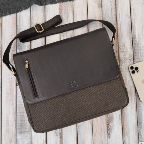 Torba męska na ramię na laptopa ze skóry naturalnej i canvasu brązowa Paolo Peruzzi AY-02-BR Torba męska na ramię na laptopa ze skóry naturalnej i canvasu brązowa Paolo Peruzzi AY-02-BR