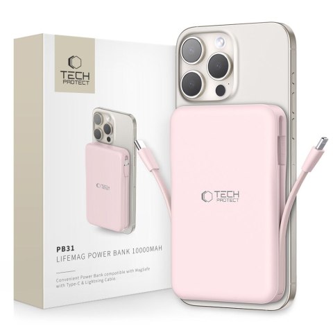 Powerbank 10000 mAh USB-A USB-C z kablami USB-C iPhone Lightning MagSafe - różowy Powerbank 10000 mAh USB-A USB-C z kablami USB-C iPhone Lightning MagSafe - różowy