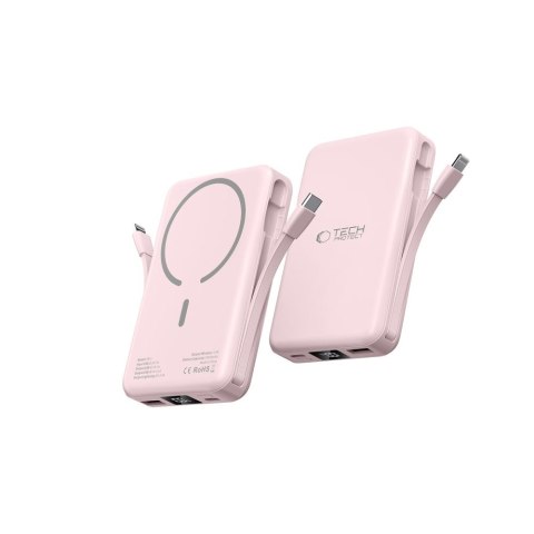 Powerbank 10000 mAh USB-A USB-C z kablami USB-C iPhone Lightning MagSafe - różowy Powerbank 10000 mAh USB-A USB-C z kablami USB-C iPhone Lightning MagSafe - różowy