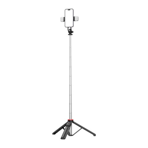 Selfie stick teleskopowy z pilotem + 2x lampka LED stojak tripod na telefon 1.3m - czarny Selfie stick teleskopowy z pilotem + 2x lampka LED stojak tripod na telefon 1.3m - czarny