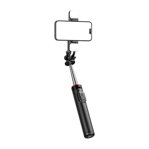 Selfie stick teleskopowy z pilotem + 2x lampka LED stojak tripod na telefon 1.3m - czarny Selfie stick teleskopowy z pilotem + 2x lampka LED stojak tripod na telefon 1.3m - czarny