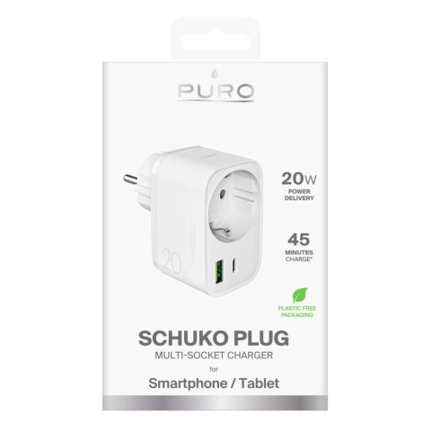 Ładowarka sieciowa USB-A USB-C z gniazdem Schuko PD 20W - biała Ładowarka sieciowa USB-A USB-C z gniazdem Schuko PD 20W - biała