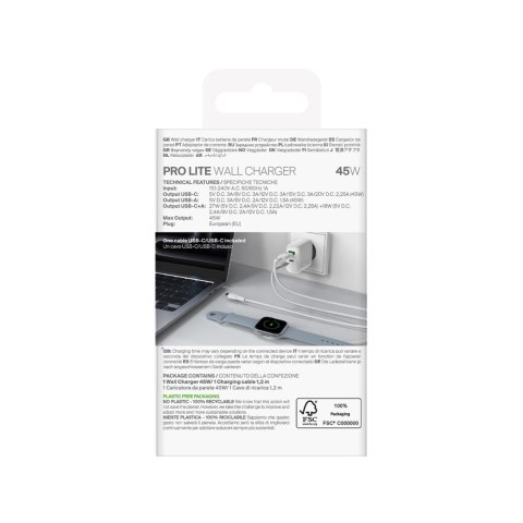 Ładowarka sieciowa USB-C USB-A PD z kablem USB-C 45W - biała Ładowarka sieciowa USB-C USB-A PD z kablem USB-C 45W - biała