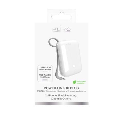 Powerbank 10000mAh USB-A USB-C z wbudowanym kablem - biały Powerbank 10000mAh USB-A USB-C z wbudowanym kablem - biały