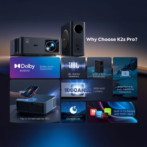 Projektor multimedialny FullHD 1080p LCD z głośnikami JBL i subwooferem WiFi BT K2s Pro - czarny Projektor multimedialny FullHD 1080p LCD z głośnikami JBL i subwooferem WiFi BT K2s Pro - czarny