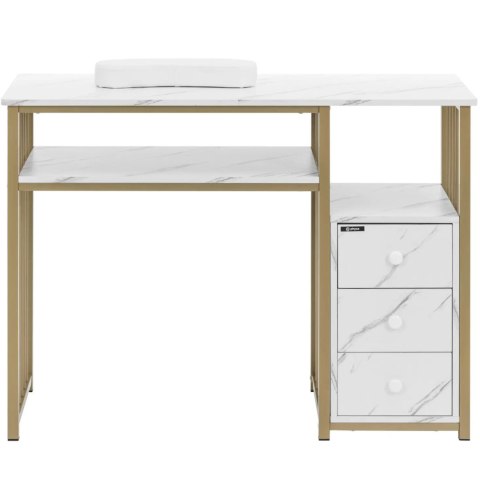 Biurko kosmetyczne do manicure z podpórka na dłonie 3 szuflady 110 x 46 cm - marmur złoto Biurko kosmetyczne do manicure z podpórka na dłonie 3 szuflady 110 x 46 cm - marmur złoto