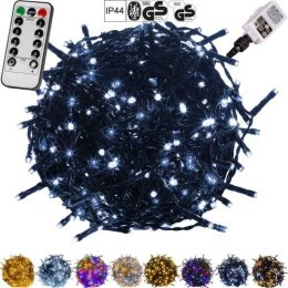 Lampki 100 LED zimne białe 10m zielony kabel IP44 pilot i programator