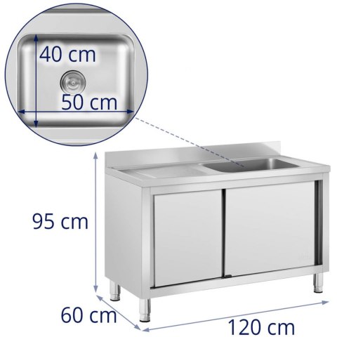 Zlew basen gastronomiczny jednokomorowy z szafką z drzwiami przesuwnymi prawy 120 x 60 x 95 cm Zlew basen gastronomiczny jednokomorowy z szafką z drzwiami przesuwnymi prawy 120 x 60 x 95 cm