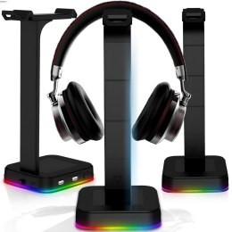 Stojak uchwyt biurkowy gamingowy na słuchawki HUB USB podświetlany RGB LED