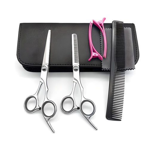 Zestaw narzędzi fryzjerskich do włosów brody w etui nożyce degażówki grzebień spinki - 7 el. Zestaw narzędzi fryzjerskich do włosów brody w etui nożyce degażówki grzebień spinki - 7 el.
