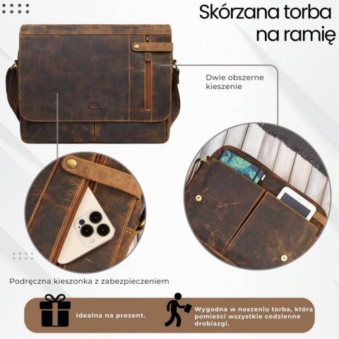 Męska brązowa skórzana torba na ramie na laptopa vintage Paolo Peruzzi T-148-HBR Męska brązowa skórzana torba na ramie na laptopa vintage Paolo Peruzzi T-148-HBR