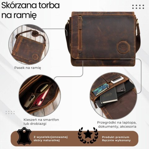 Męska brązowa torba na ramie ze skóry naturalnej vintage Paolo Peruzzi T-147-HBR Męska brązowa torba na ramie ze skóry naturalnej vintage Paolo Peruzzi T-147-HBR