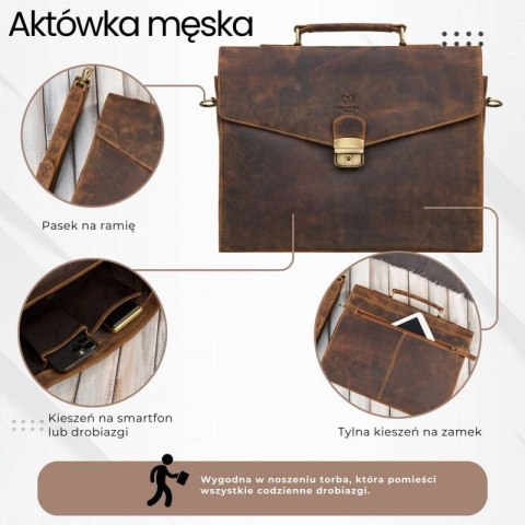 Męska skórzana aktówka brązowa na dokumenty teczka na ramie z kluczykiem vintage Paolo Peruzzi T-146-HBR Męska skórzana aktówka brązowa na dokumenty teczka na ramie z kluczykiem vintage Paolo Peruzzi T-146-HBR