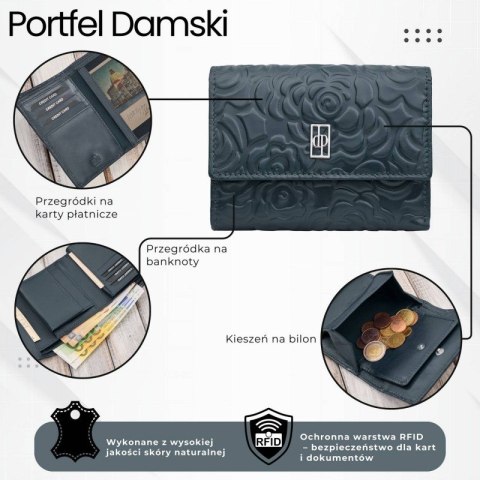 Portfel damski skórzany granatowy w orientacji poziomej RFID Paolo Peruzzi AL-15-NV Portfel damski skórzany granatowy w orientacji poziomej RFID Paolo Peruzzi AL-15-NV