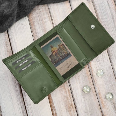 Portfel damski skórzany zielony w orientacji poziomej RFID Paolo Peruzzi AL-15-GB Portfel damski skórzany zielony w orientacji poziomej RFID Paolo Peruzzi AL-15-GB