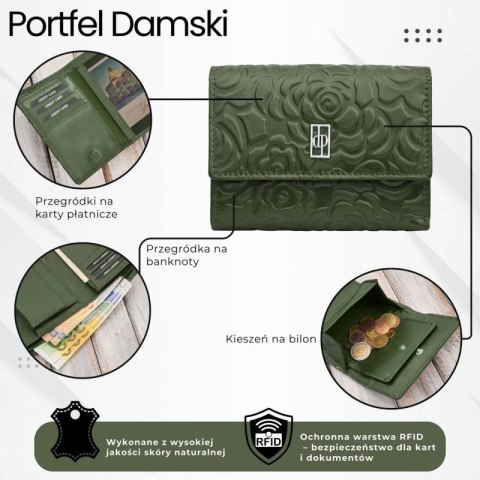 Portfel damski skórzany zielony w orientacji poziomej RFID Paolo Peruzzi AL-15-GB Portfel damski skórzany zielony w orientacji poziomej RFID Paolo Peruzzi AL-15-GB