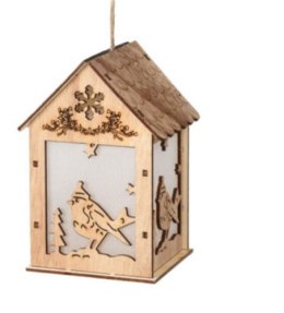 Zawieszka dekoracyjna drewniana świąteczna z podświetleniem LED 10x8,5x15cm motyw z ptaszkiem