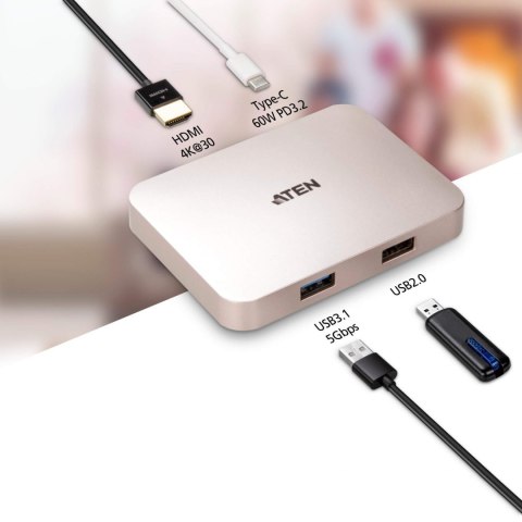 Aten USB-C 4K Ultra Mini Dock with Power Pass-through USB 3.0 (3.1 Gen 1) ports quantity 1, USB 2.0 ports quantity 1, HDMI ports Aten USB-C 4K Ultra Mini Dock with Power Pass-through USB 3.0 (3.1 Gen 1) ports quantity 1, USB 2.0 ports quantity 1, HDMI ports