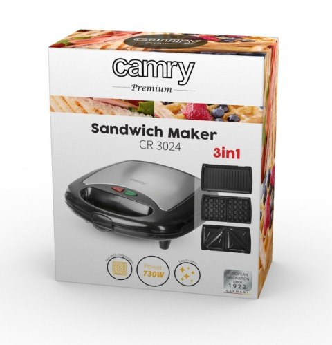 Camry Sandwich maker CR 3024 730 W, Number of plates 3, Number of pastry 2, Black