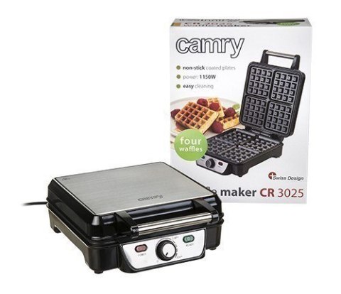 Camry Waffle maker CR 3025 1150 W, Number of pastry 4, Belgium, Black/Stainless steel Camry Waffle maker CR 3025 1150 W, Number of pastry 4, Belgium, Black/Stainless steel