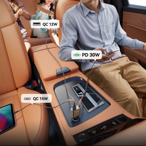 Ładowarka samochodowa 3w1 z kablem zwijanym USB-A USB-C - ciemnoszara