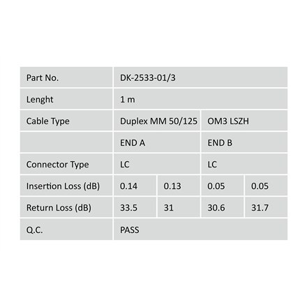 Digitus Patch Cord FO, LC to LC MM OM3 50/125 µ, 1m Digitus Patch Cord FO, LC to LC MM OM3 50/125 µ, 1m