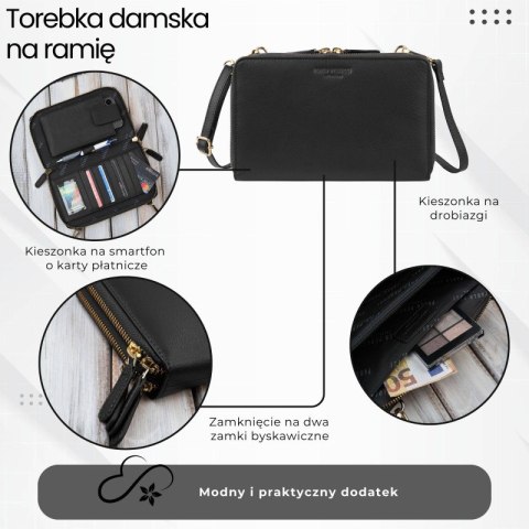 Damska mała torebka skórzana kopertówka na ramię do ręki czarna Paolo Peruzzi KV-02-BLZ